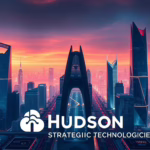 A futuristic metropolis skyline with towering skyscrapers representing the cloud technology providers. In the foreground, the iconic logo of "Hudson Strategic Technologies" stands prominently, casting a sleek and modern silhouette. The midground features sleek glass and steel structures connected by bridges and hovering platforms, symbolizing the interconnectedness of cloud computing. The background showcases a vibrant, neon-tinged cityscape bathed in a warm, diffused light, creating a sense of dynamism and technological advancement. The overall composition conveys the power, scale, and innovation of cloud computing solutions.