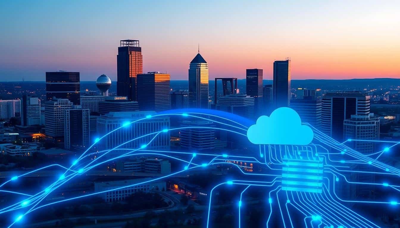Austin skyline with IT infrastructure overlay showing managed IT services Austin