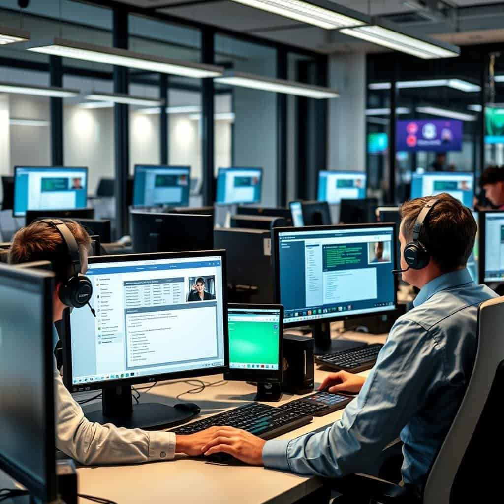 IT help desk specialists assisting business users from a modern support center