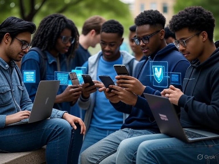 Group using laptops and smartphones outdoors.