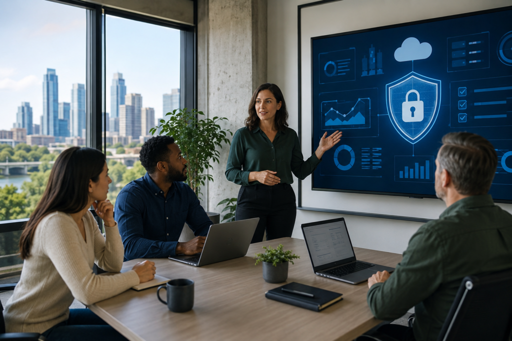 Austin business team reviewing cybersecurity protections and secure IT systems in a modern office