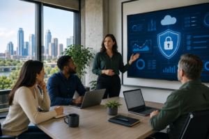 Austin business team reviewing cybersecurity protections and secure IT systems in a modern office