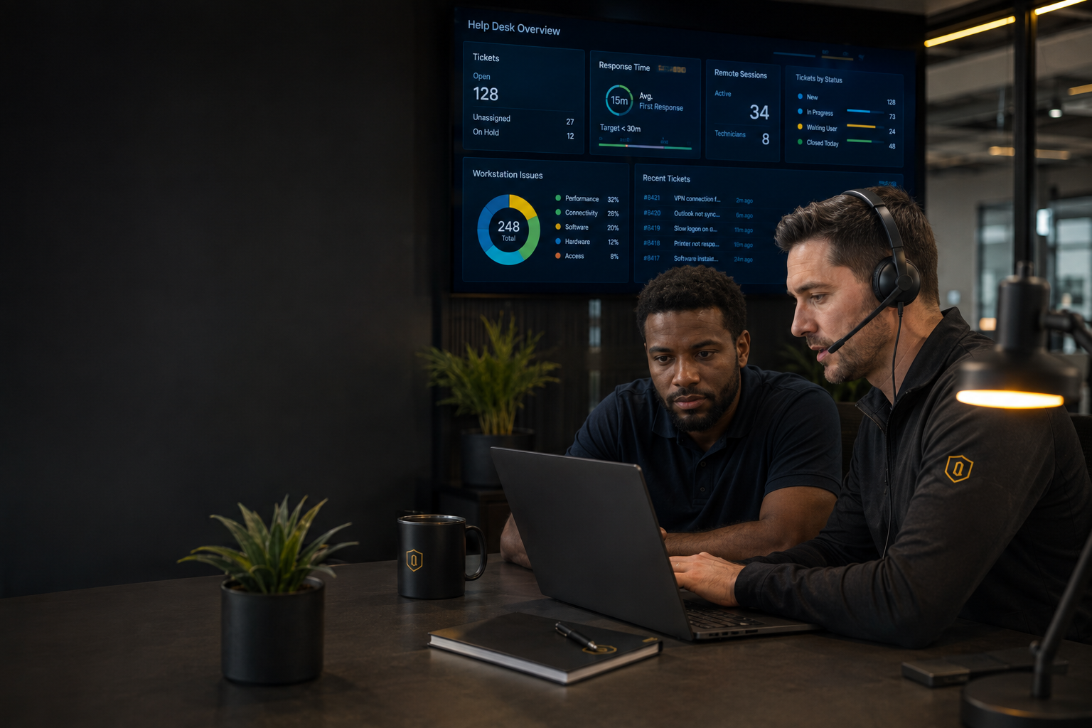 Hudson MSP help desk technicians reviewing business IT support activity and system performance