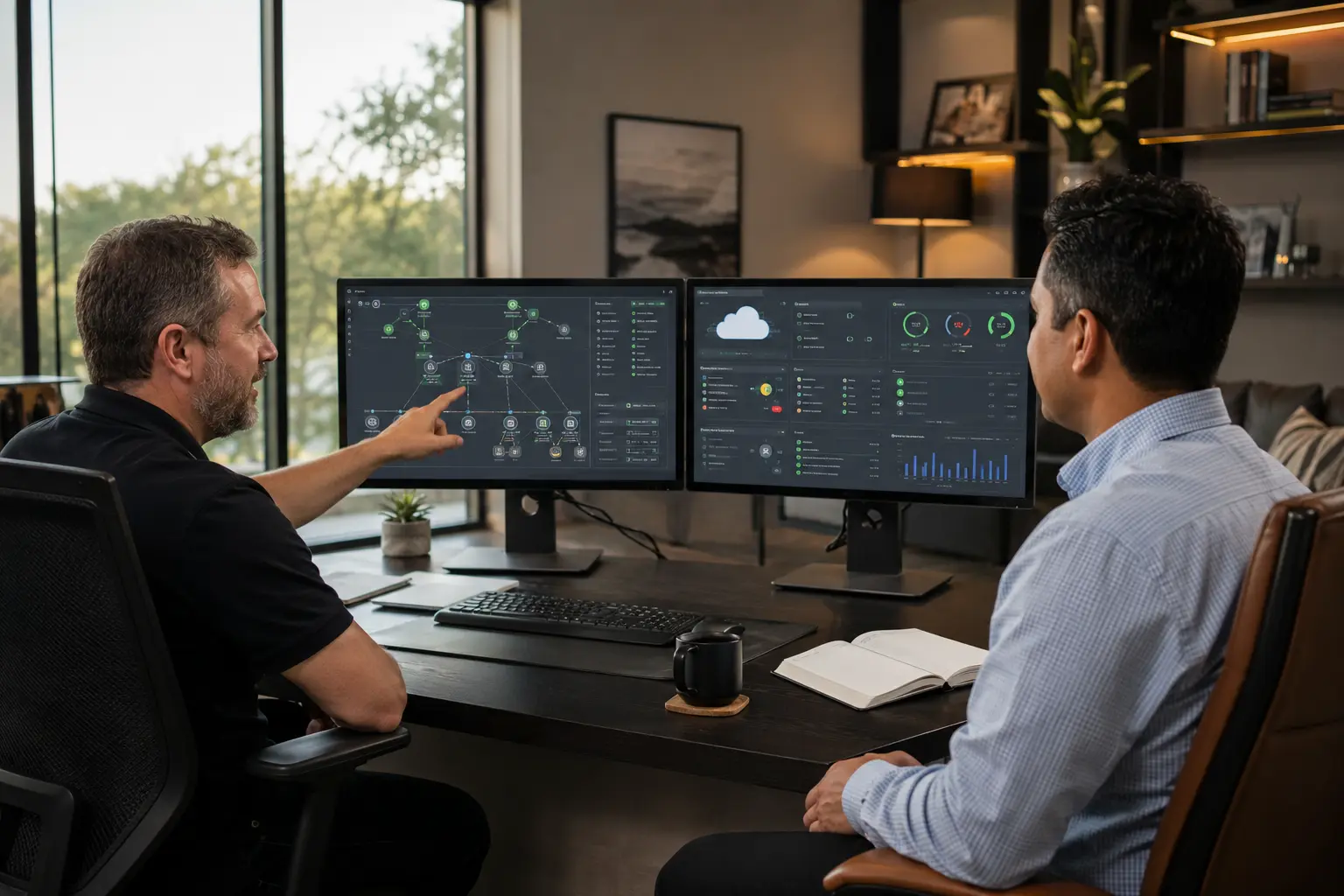 IT specialist reviewing network, cloud and cybersecurity systems with a business leader