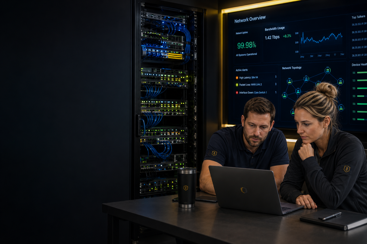 Hudson MSP network specialists reviewing network performance, infrastructure alerts, and business connectivity