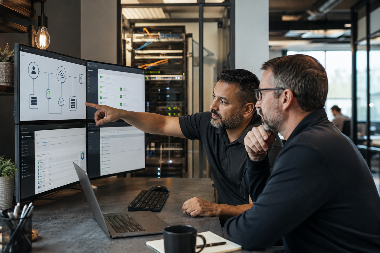 IT specialists tracing a business problem across identity, cloud, network, and endpoint systems