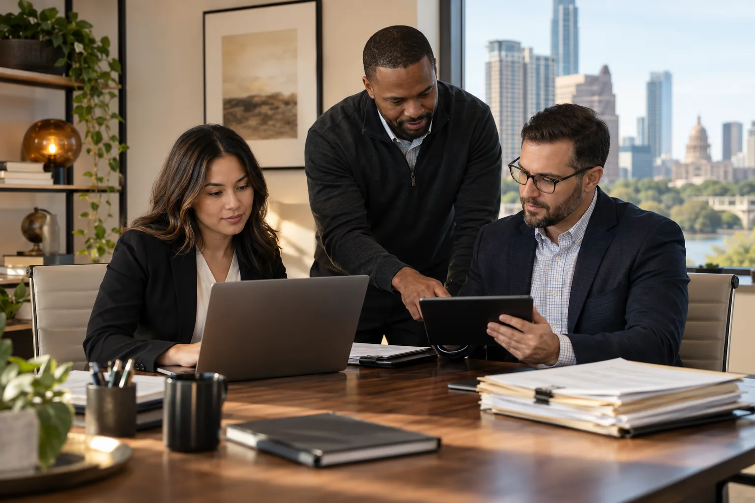 Texas accounting professionals reviewing secure financial technology with an IT specialist