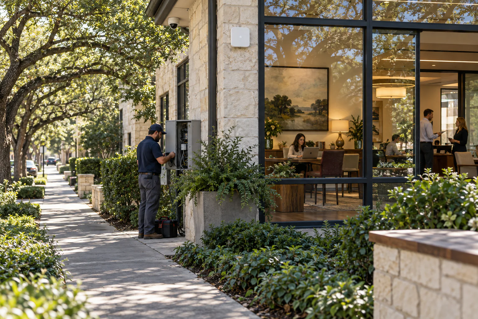 Technician servicing connectivity at a tree-lined Alamo Heights office