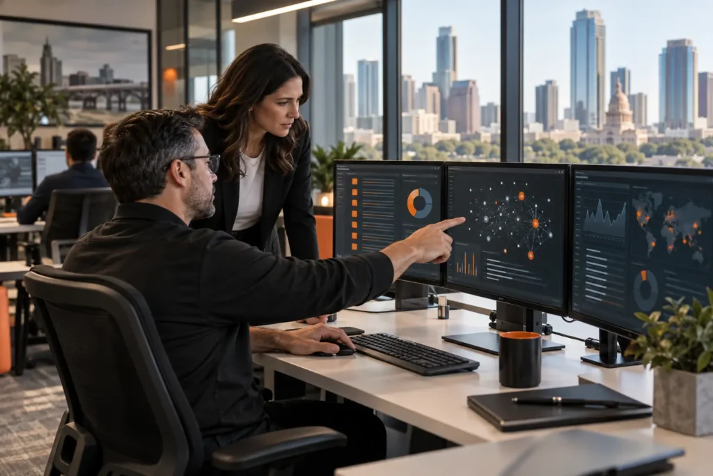 Cybersecurity analysts reviewing network threats for an Austin business