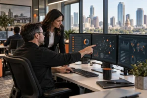 Cybersecurity analysts reviewing network threats for an Austin business