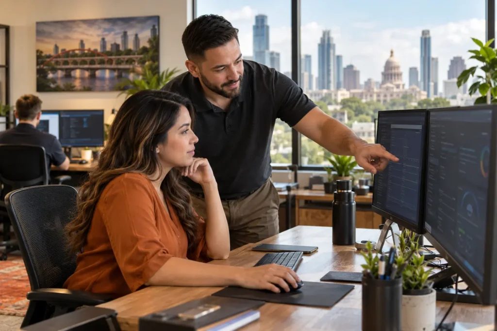 Austin IT support technician assisting a business user at dual monitors