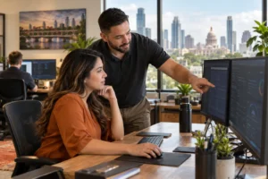 Help desk support in Austin with a technician assisting a business user at dual monitors
