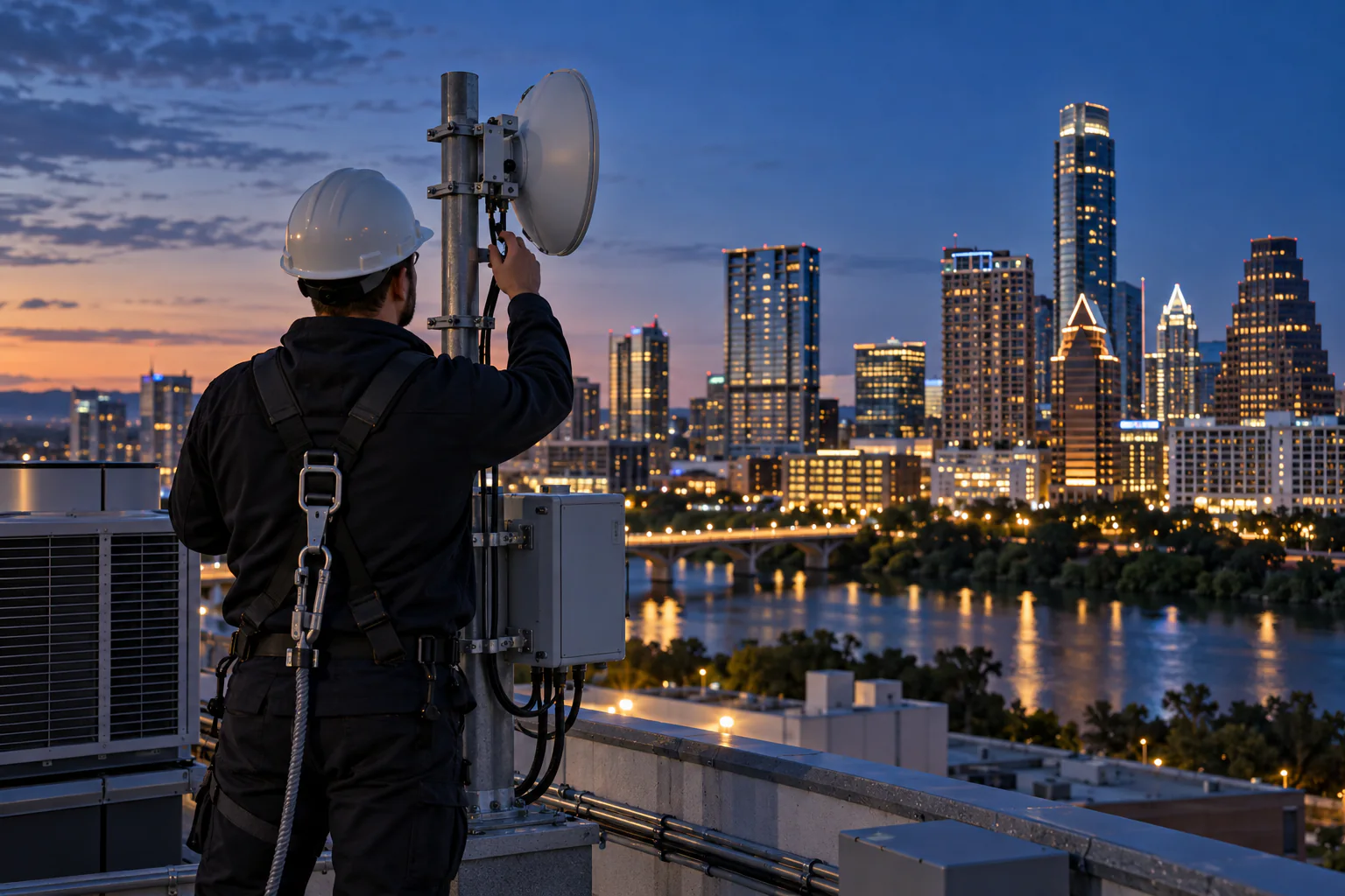 Technician aligning rooftop communications equipment with the Austin skyline beyond