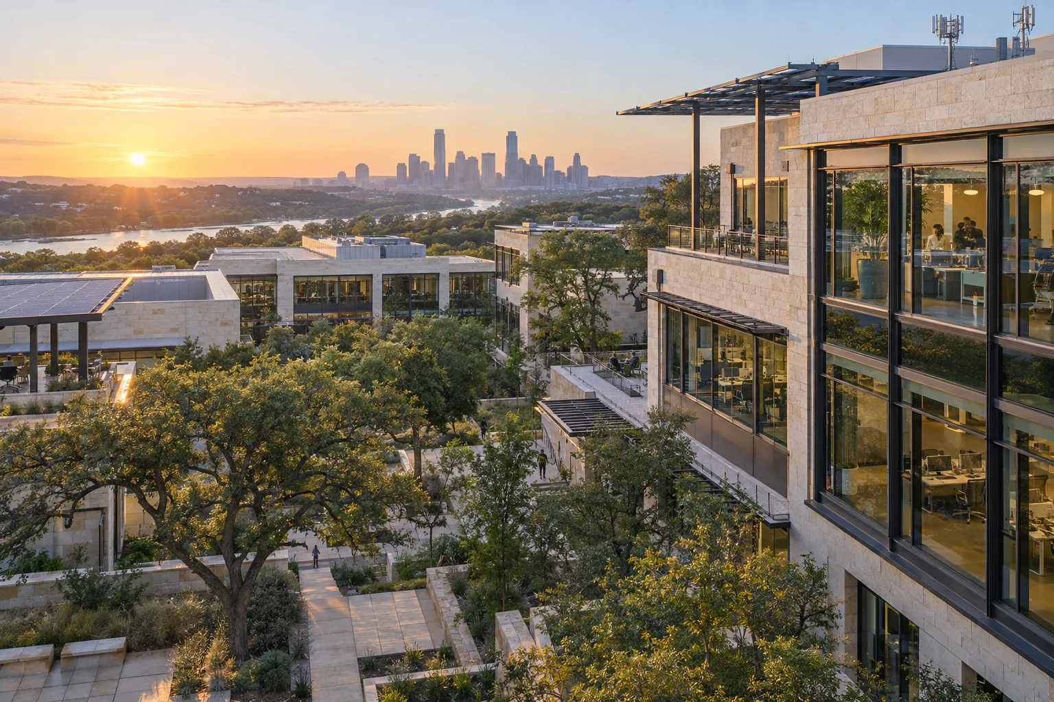 Central Texas business campus with Austin skyline in the distance