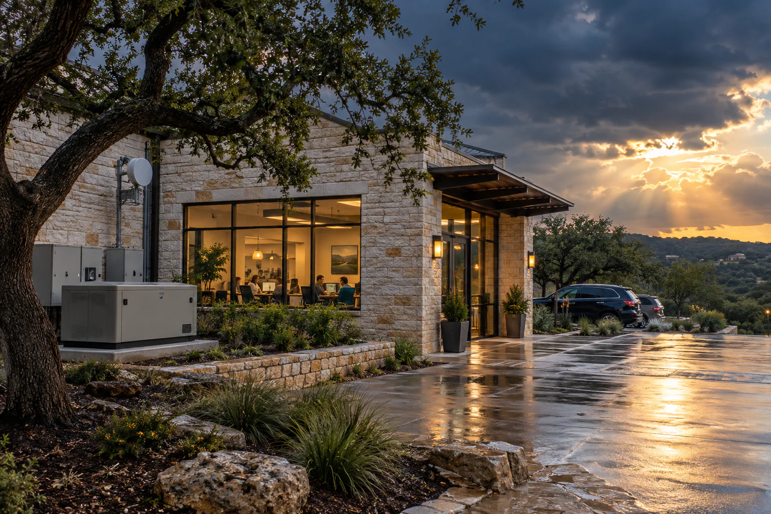 Boerne Hill Country office operating after a passing storm