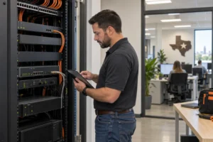 Technician testing Optimum Internet for work on business network equipment