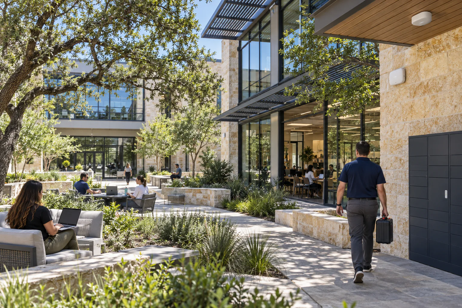 Modern Cedar Park business campus with connected workspaces and shaded courtyard