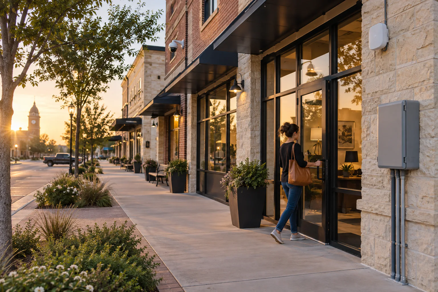 Celina town-square-inspired businesses with modern connectivity at sunrise