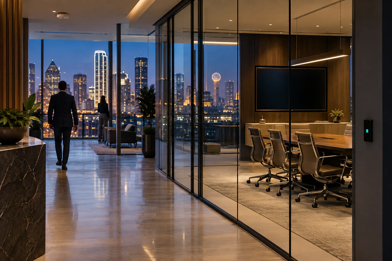 Connected downtown Dallas office interior at blue hour
