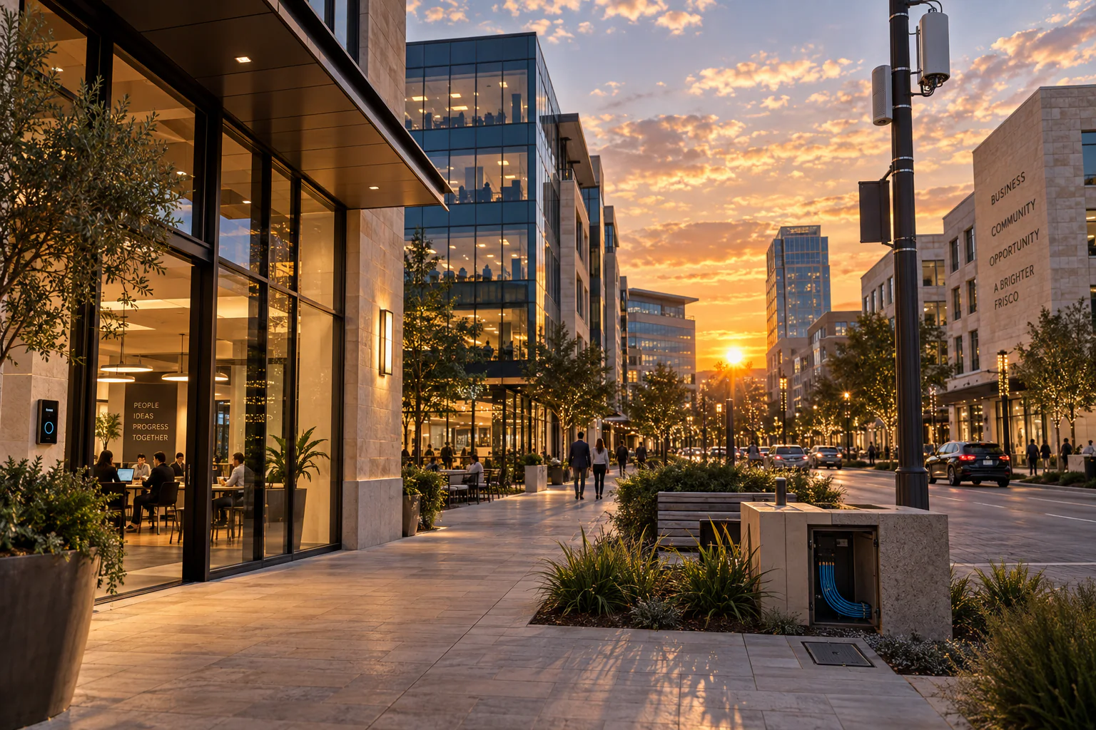 Modern Frisco business district with connected offices at sunset