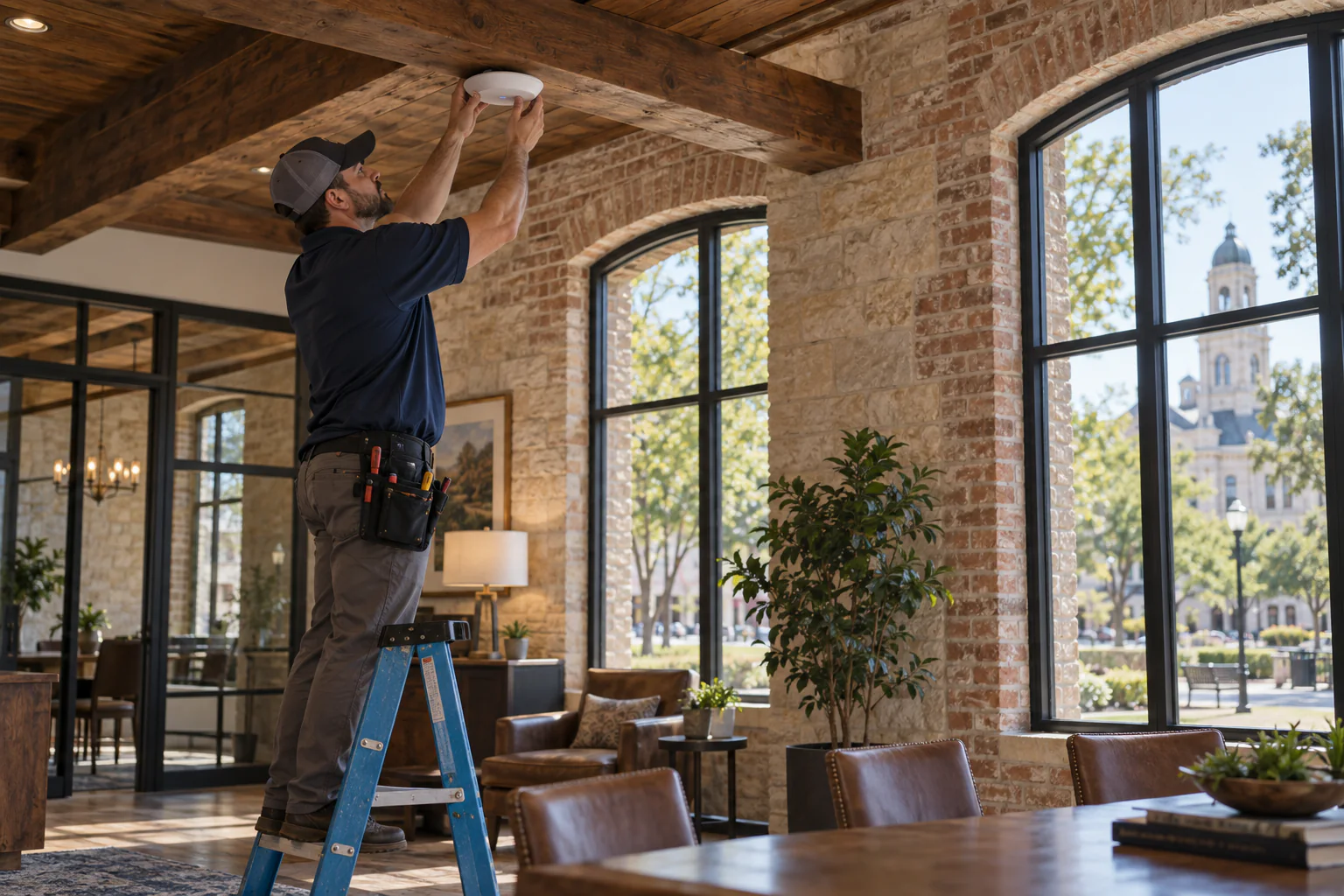 Technician installing a wireless access point in a historic Georgetown-style office