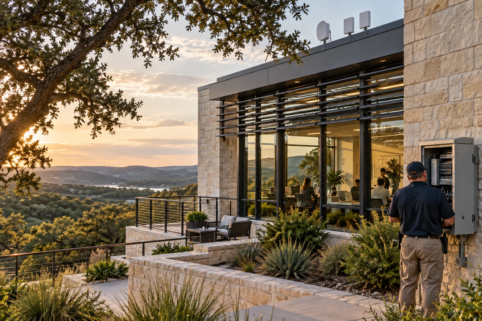 Technician checking outdoor connectivity at a Leander Hill Country business