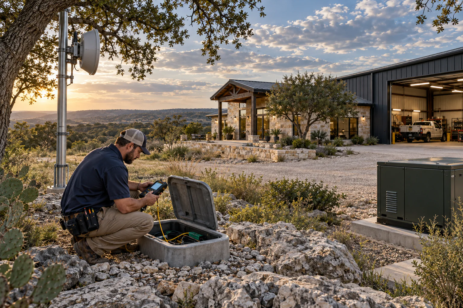 Technician testing fiber and wireless connectivity at a Liberty Hill business