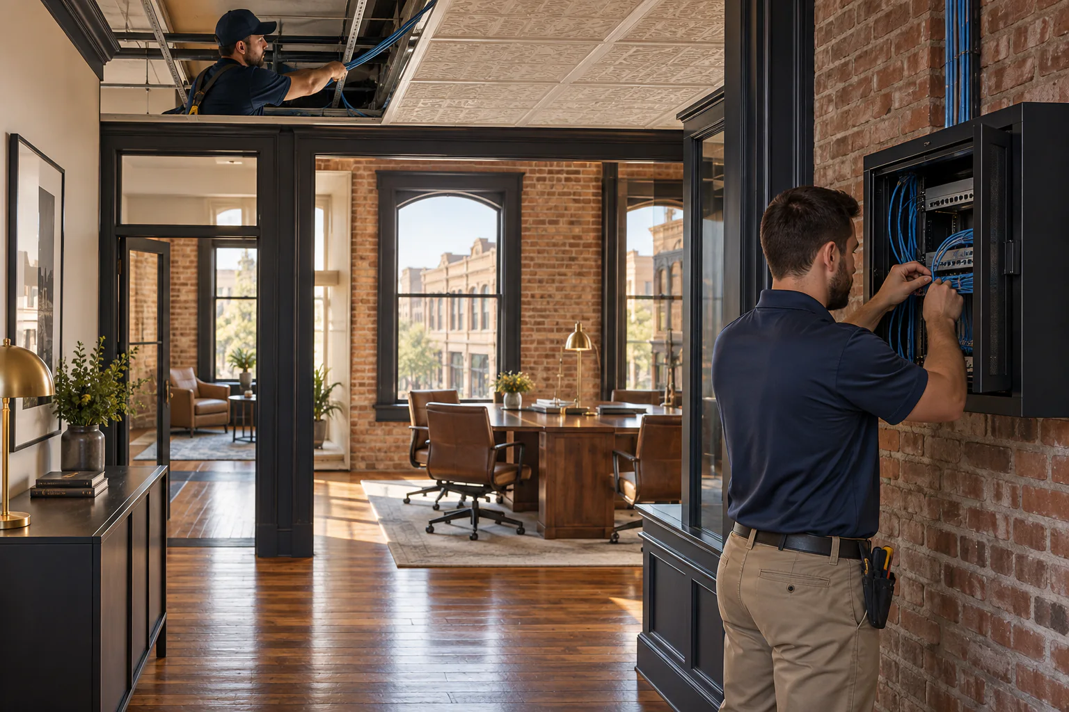 Technicians upgrading network cabling in a historic McKinney-style office
