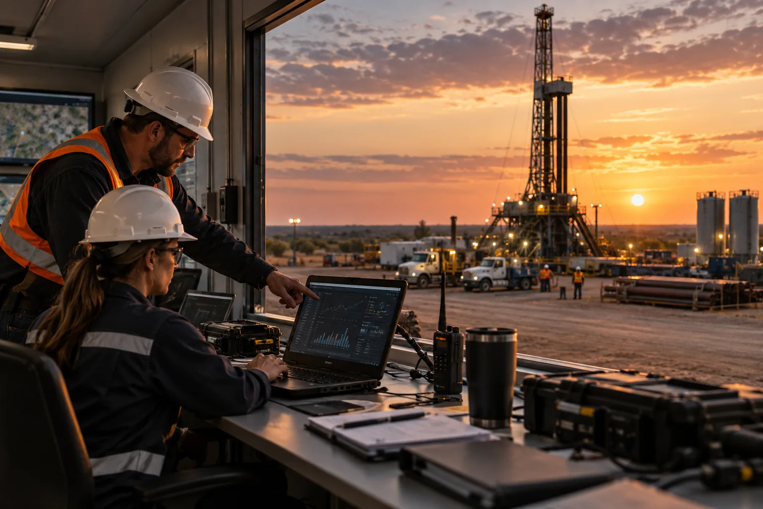 Oil and gas field operators reviewing production data from a connected drilling-site office