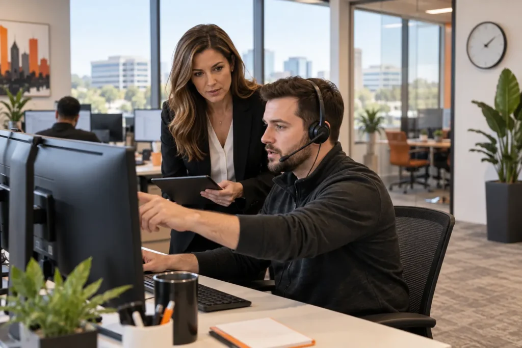 Plano IT support technician reviewing a business-critical service request