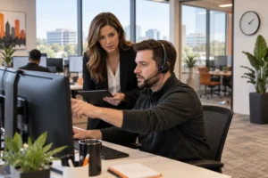 Plano IT support technician reviewing a business-critical service request