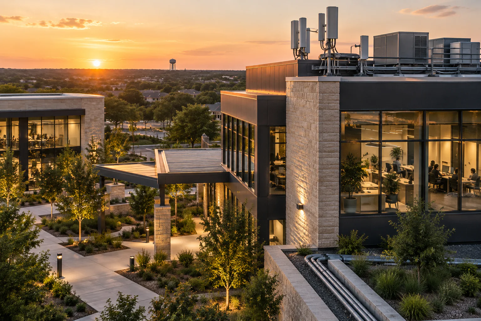 Growing Prosper business campus with rooftop communications equipment at sunset
