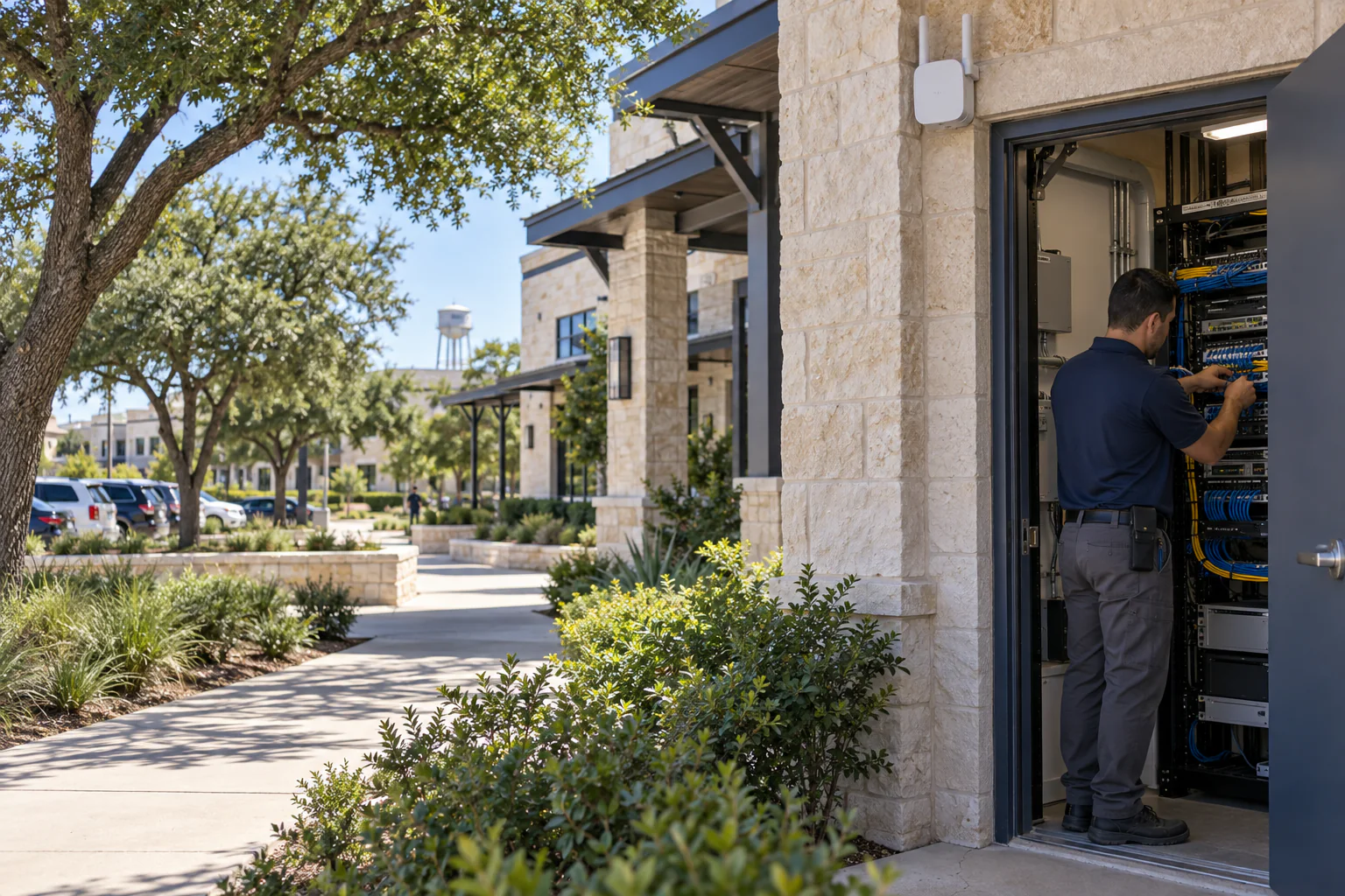 Technician servicing network infrastructure at a Round Rock professional office