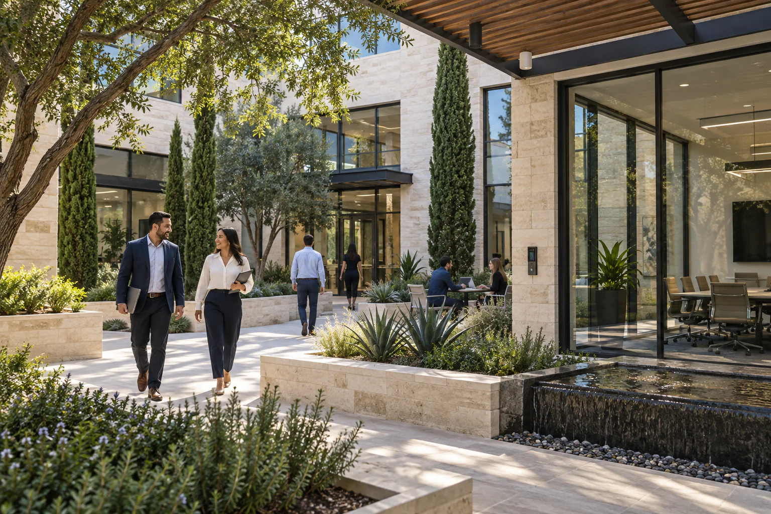 Connected limestone office courtyard in San Antonio