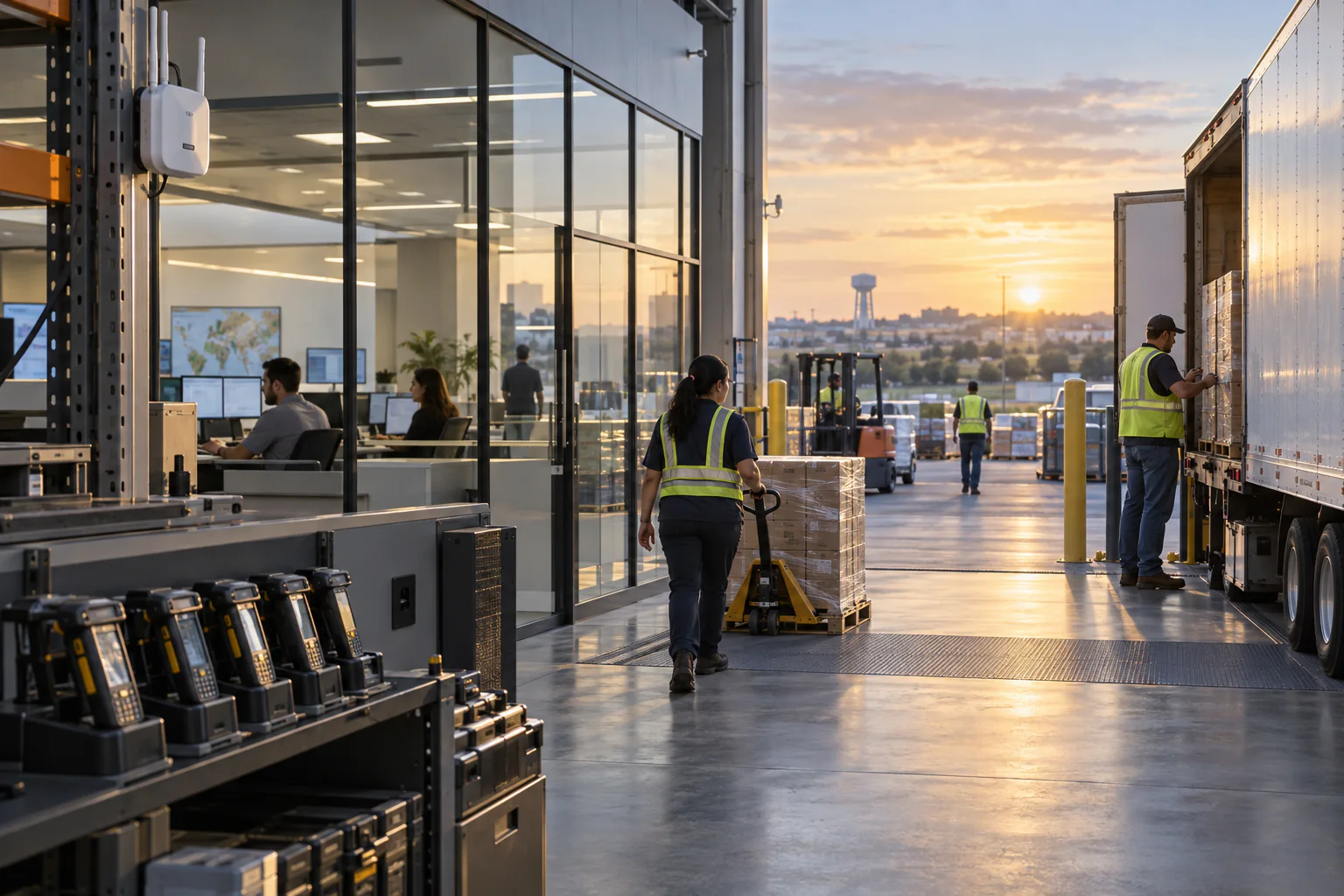 Connected distribution and office operation in Schertz at dawn