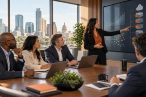 Business leaders reviewing a strategic technology roadmap for data, AI, cloud, and cybersecurity