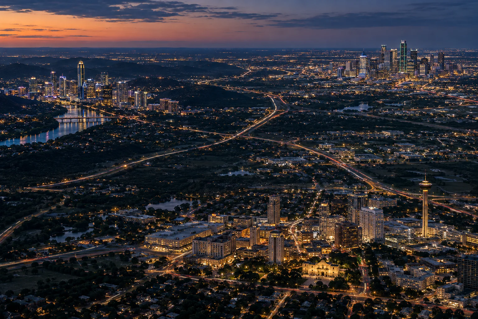Twilight aerial view of connected Texas business regions and city corridors