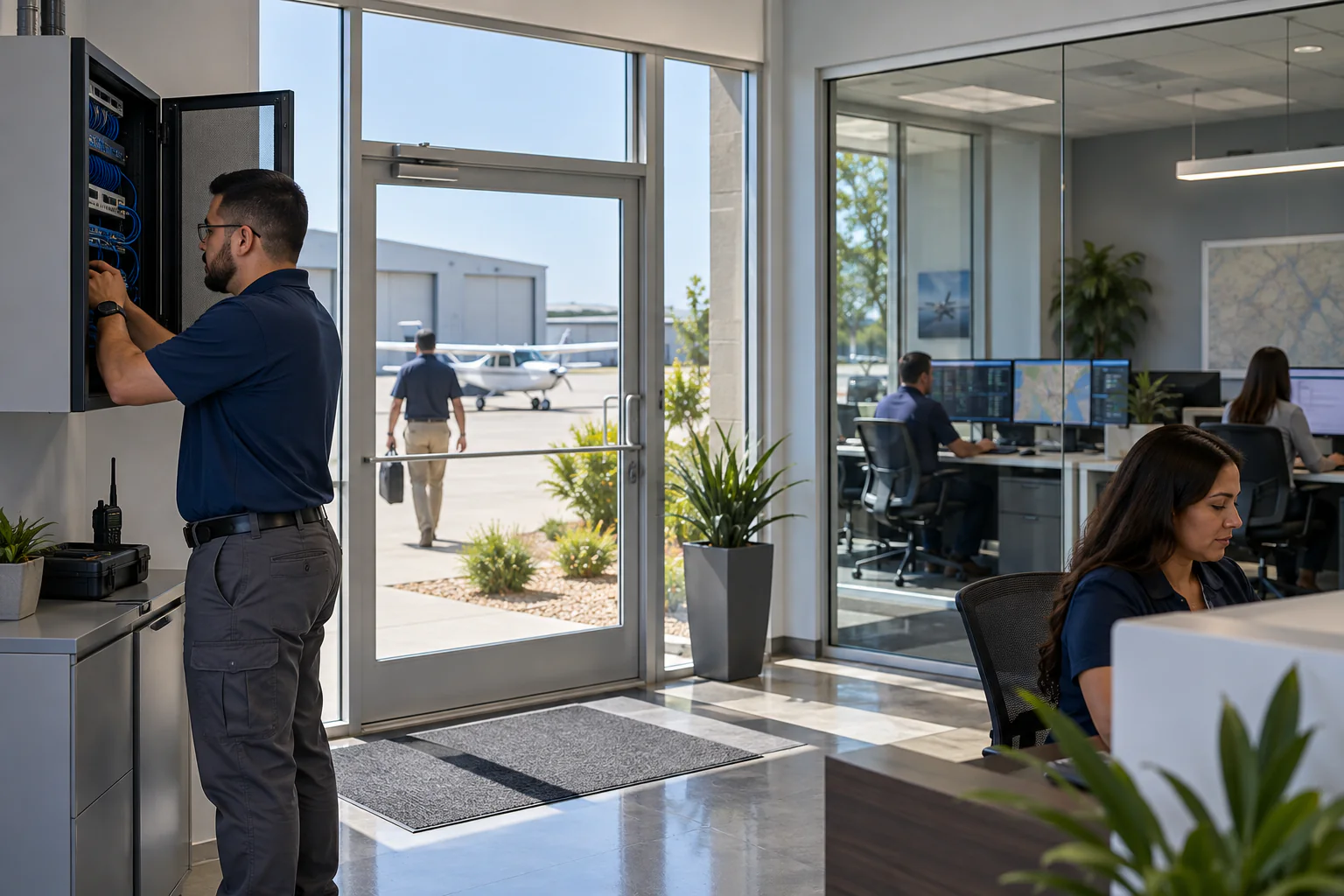 Technician servicing communications equipment in a Universal City office