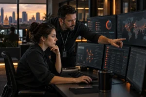 Effective cyberattack response team reviewing active security alerts