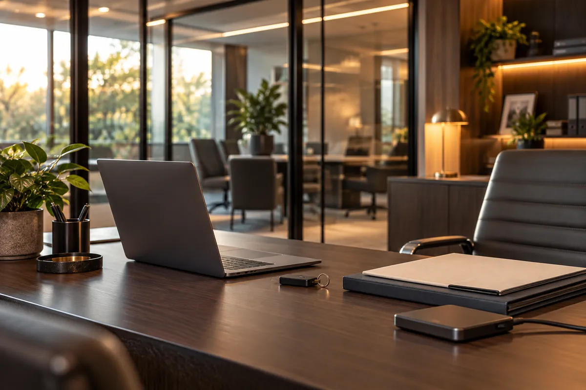 Administrative medical workstation with access controls and backup planning materials